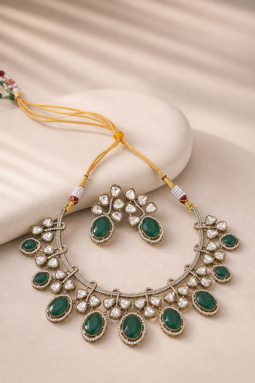 Elegant Green Kundan Necklace Set Bridal Statement - alternate view