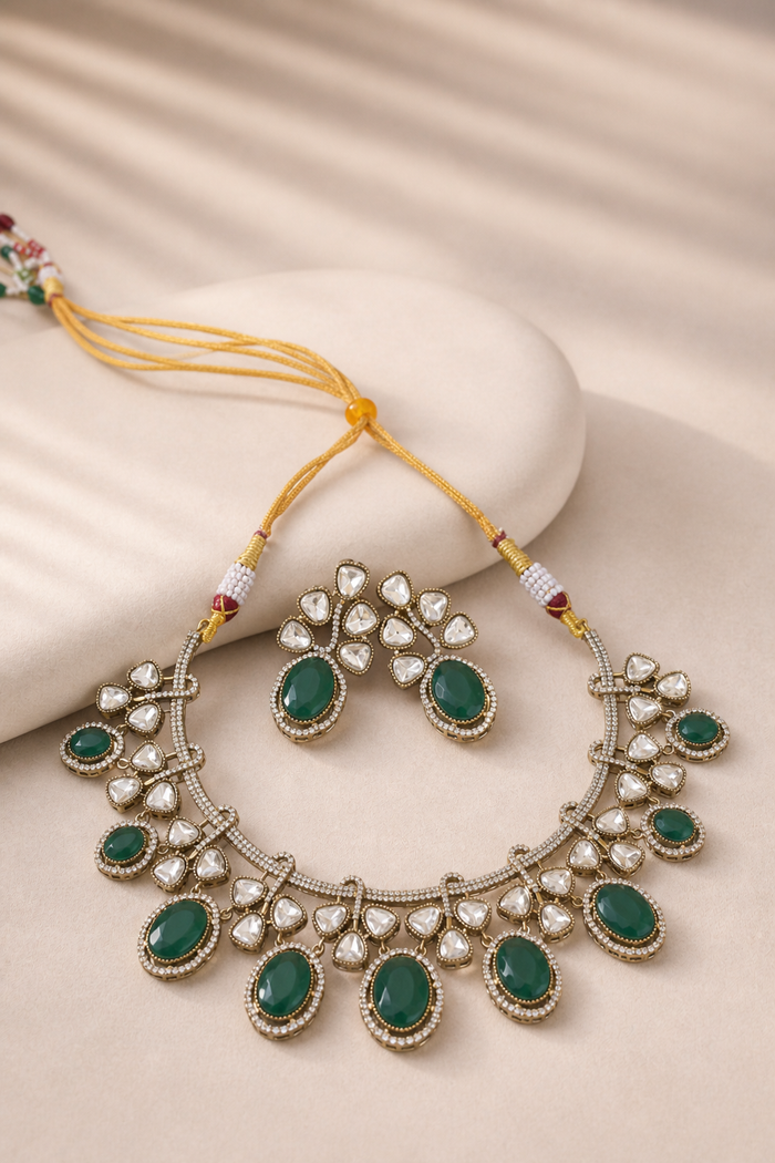 Elegant Green Kundan Necklace Set Bridal Statement - alternate view