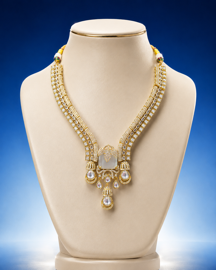 Glamorous Gold-Plated American Diamond Necklace Set with Frosted Accents - alternate view