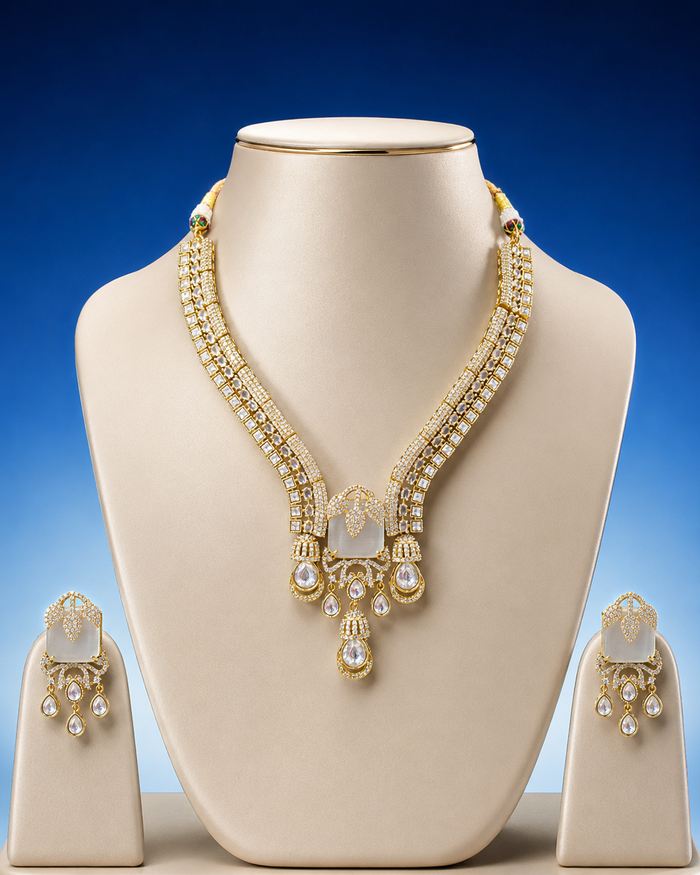 Glamorous Gold-Plated American Diamond Necklace Set with Frosted Accents