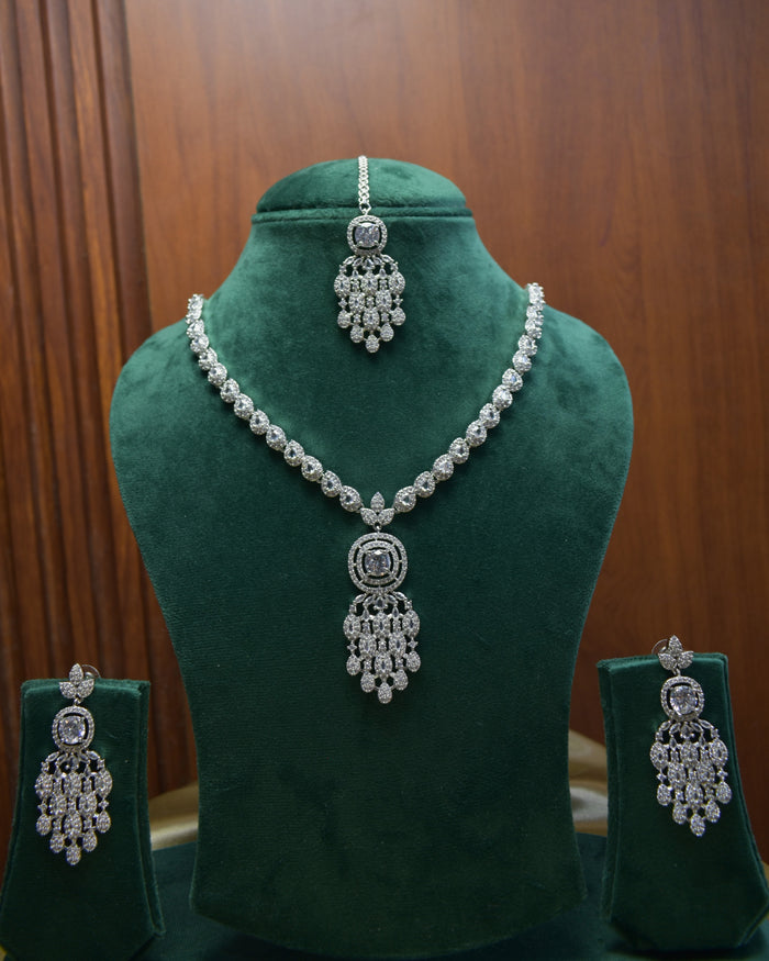 Elegant Silver Crystal Necklace Set with Maang Tikka