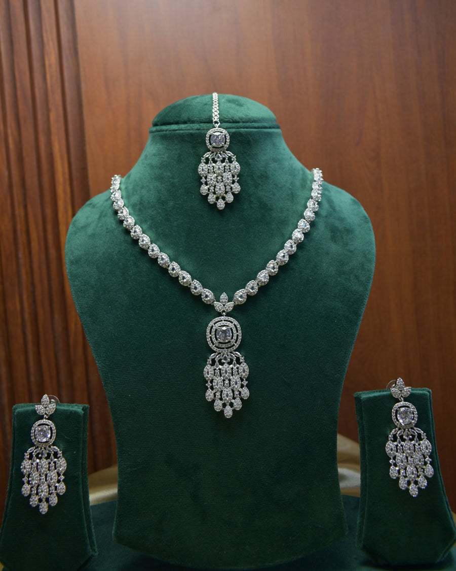 Elegant Silver Crystal Necklace Set with Maang Tikka