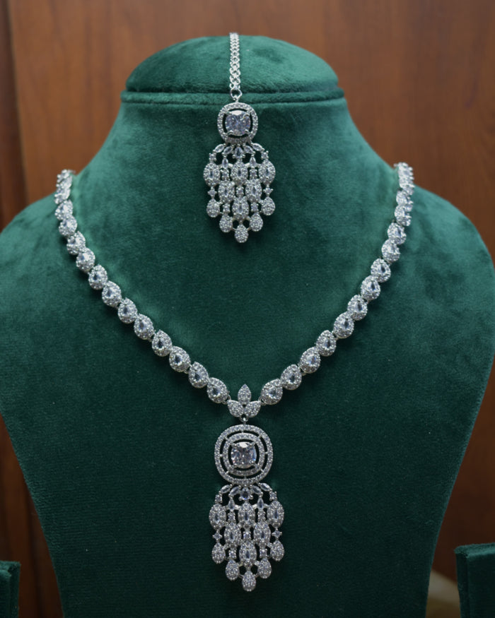 Elegant Silver Crystal Necklace Set with Maang Tikka - alternate view