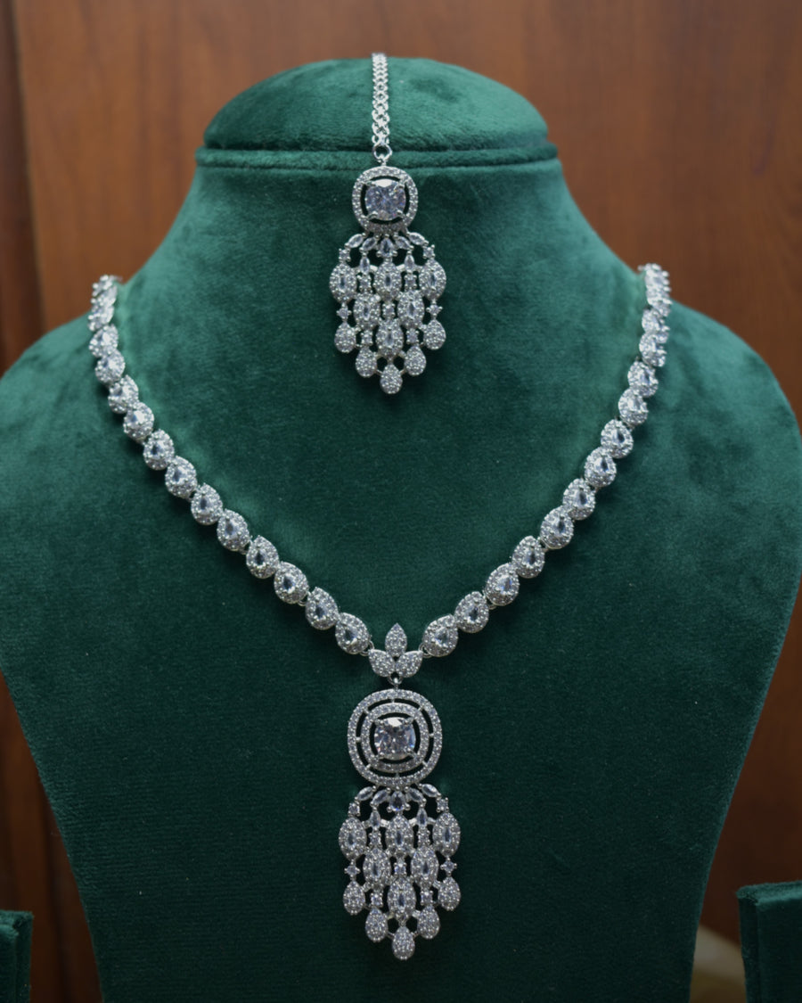 Elegant Silver Crystal Necklace Set with Maang Tikka