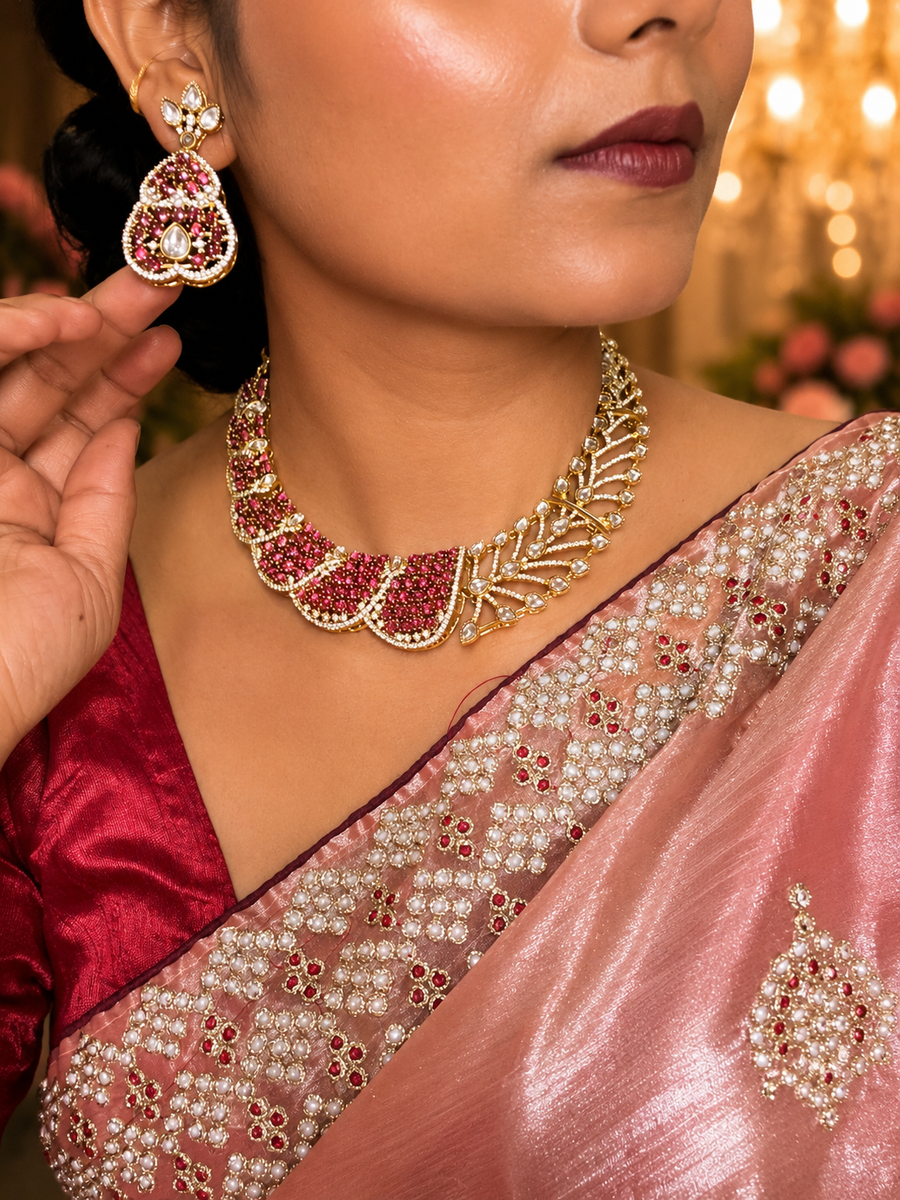 Radiant Ruby and Gold Leaf Motif Statement Necklace Set