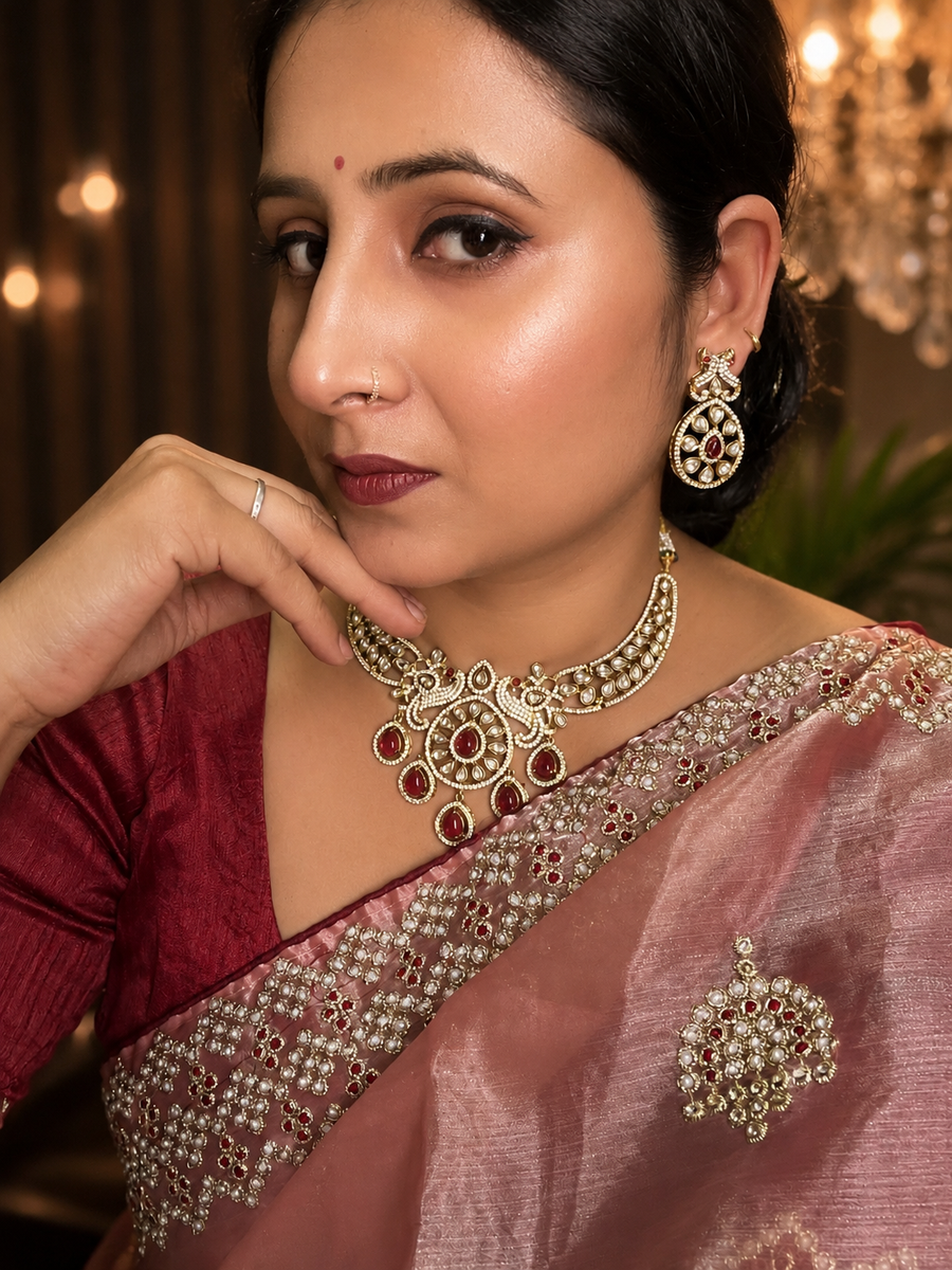 Premium Ruby Stone Peacock Design Necklace Set with Earrings