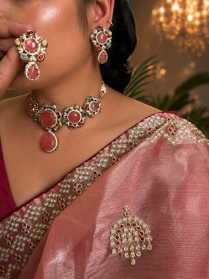 Peach Stone Designer Necklace Set with Earrings