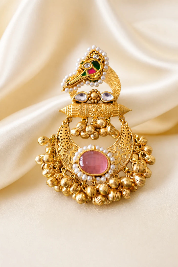 Traditional Gold Jhumka Earrings with Pearl & Pink Stone