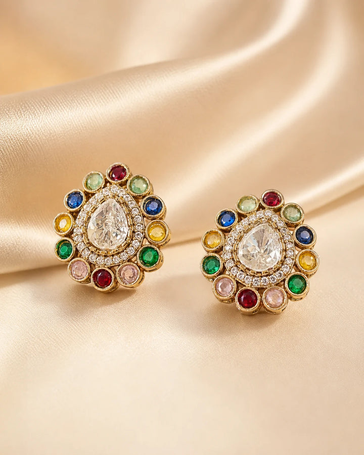 Multicolor Kundan Stud Earrings Elegant Party Wear