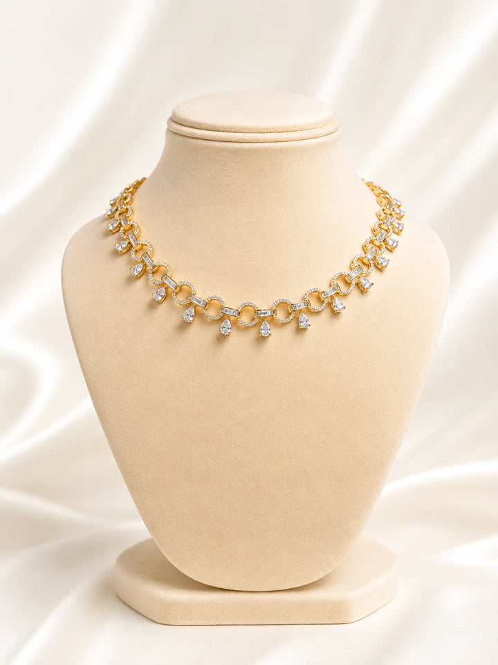 Exquisite Gold-Plated Circular Link Necklace with Shimmering Pear Drops