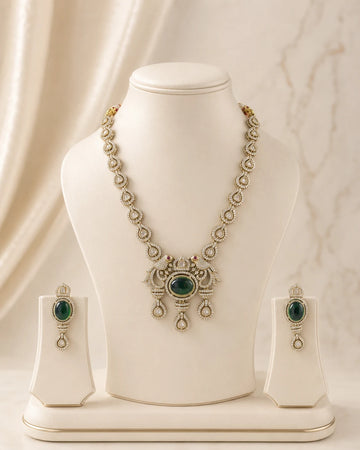 Regal Emerald Green Peacock Motif Long Necklace Set with Traditional Kundan