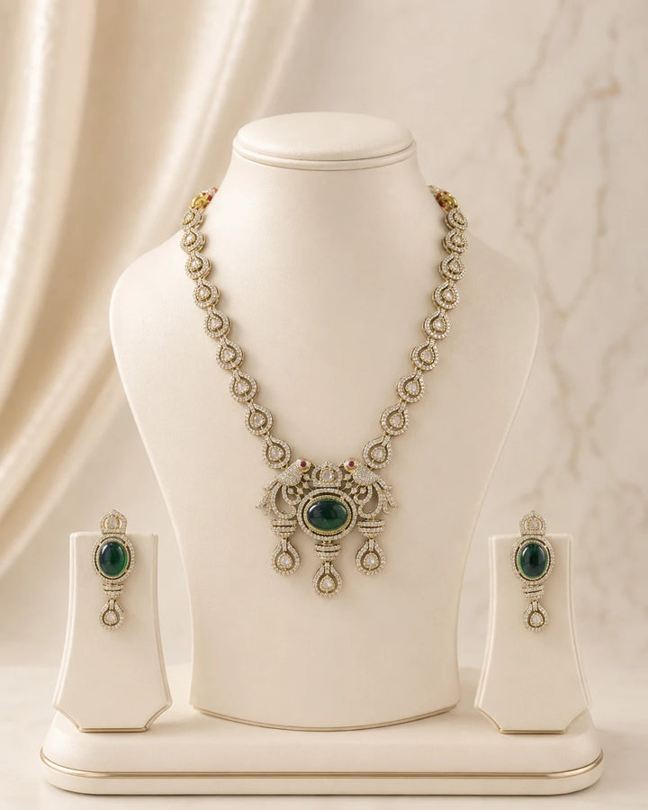 Regal Emerald Green Peacock Motif Long Necklace Set with Traditional Kundan