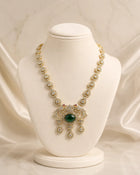 Regal Emerald Green Peacock Motif Long Necklace Set with Traditional Kundan