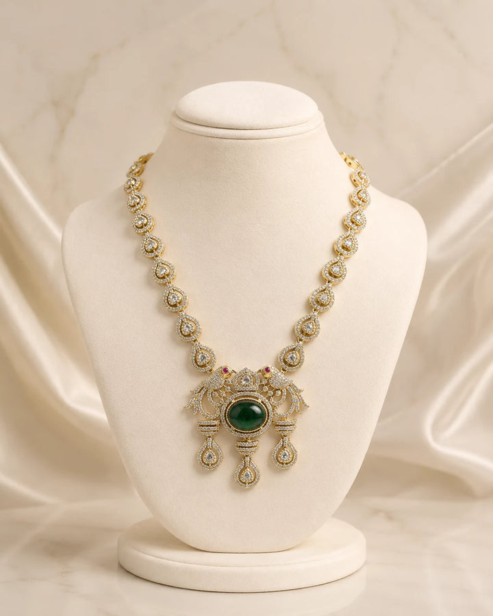Regal Emerald Green Peacock Motif Long Necklace Set with Traditional Kundan