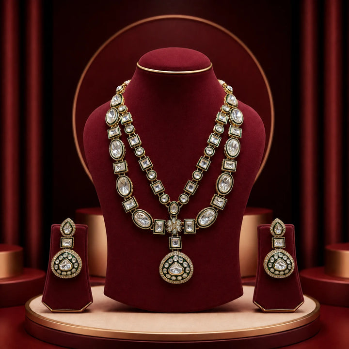 Premium Dual Layer Kundan Necklace Set with Earrings