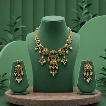 Traditional Temple Style Gold Necklace Set with Earrings