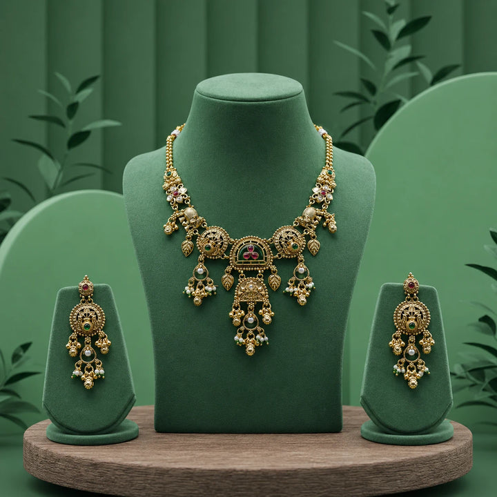 Traditional Temple Style Gold Necklace Set with Earrings