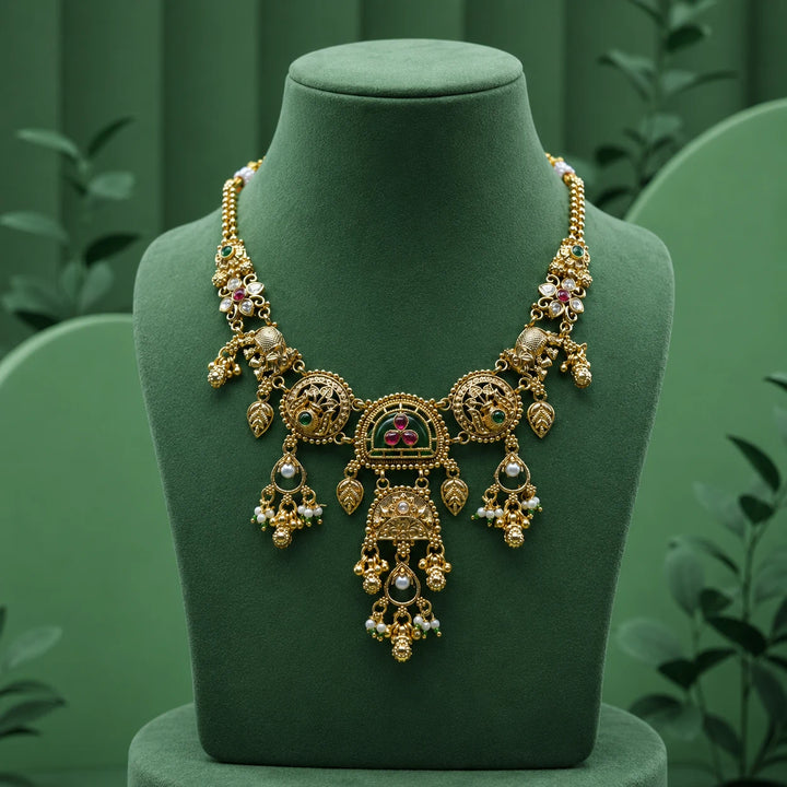 Traditional Temple Style Gold Necklace Set with Earrings