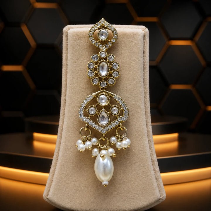 Premium Kundan Pearl Drop Necklace Set with Maang Tikka