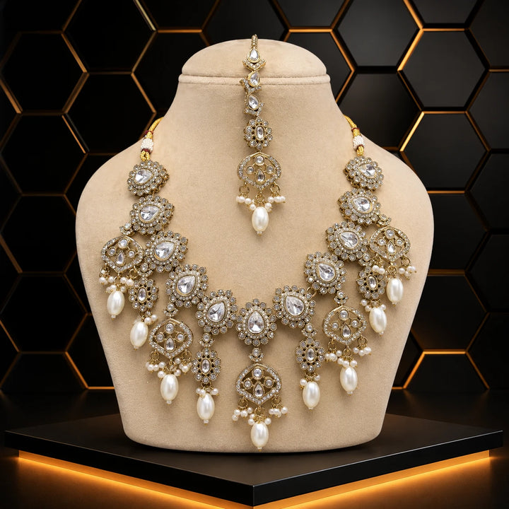 Premium Kundan Pearl Drop Necklace Set with Maang Tikka