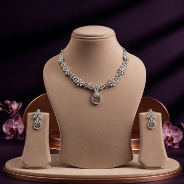 Delicate Silver Stone Necklace Set with Earrings