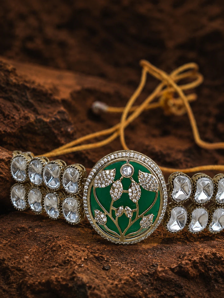 Exquisite Green Floral Kundan Choker Set with Shimmering Stone Detail