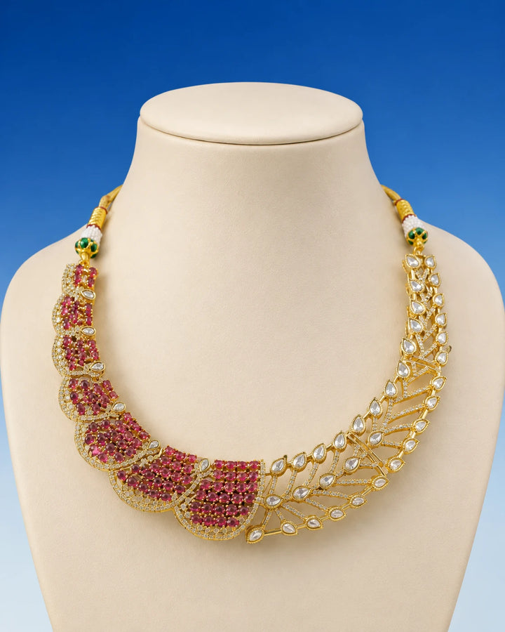 Radiant Ruby and Gold Leaf Motif Statement Necklace Set