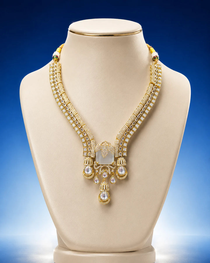 Glamorous Gold-Plated American Diamond Necklace Set with Frosted Accents