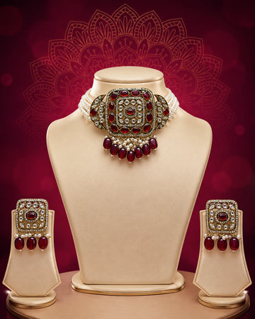 Premium Ruby Red Kundan Choker Set with Pearl Layers