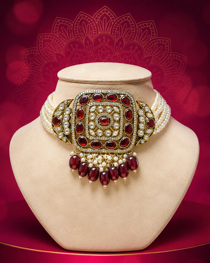 Premium Ruby Red Kundan Choker Set with Pearl Layers
