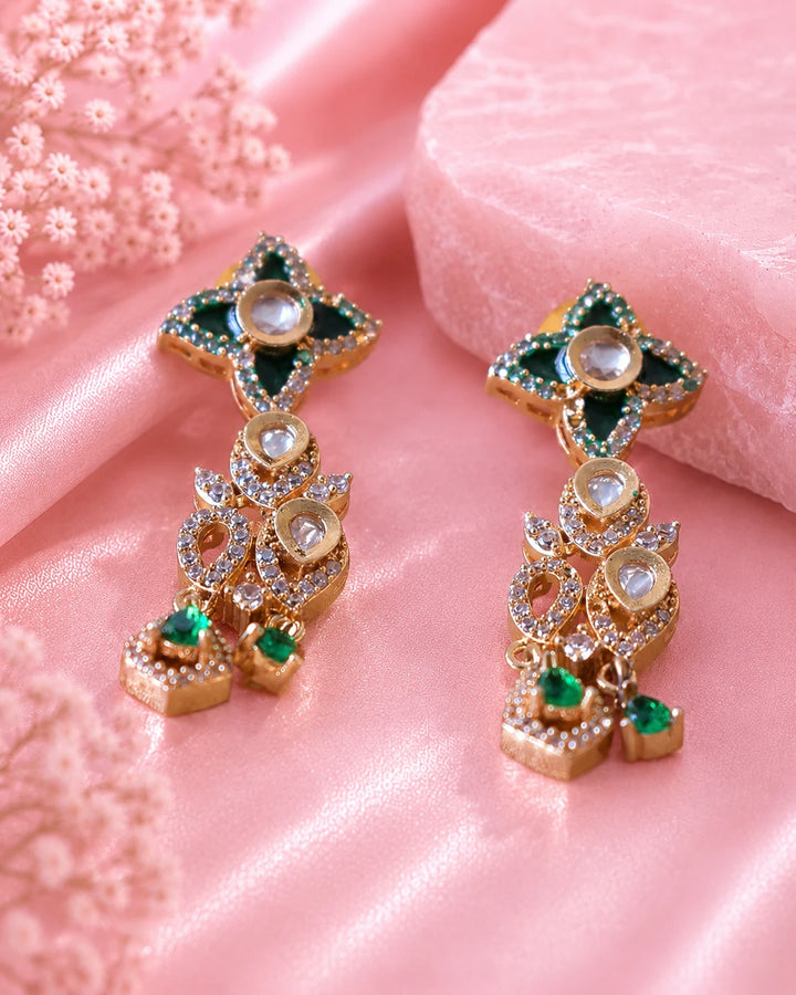 Elegant Green Kundan Drop Earrings for Party Wear