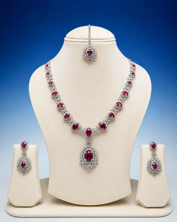 Premium Ruby Red Stone Necklace Set with Maang Tikka