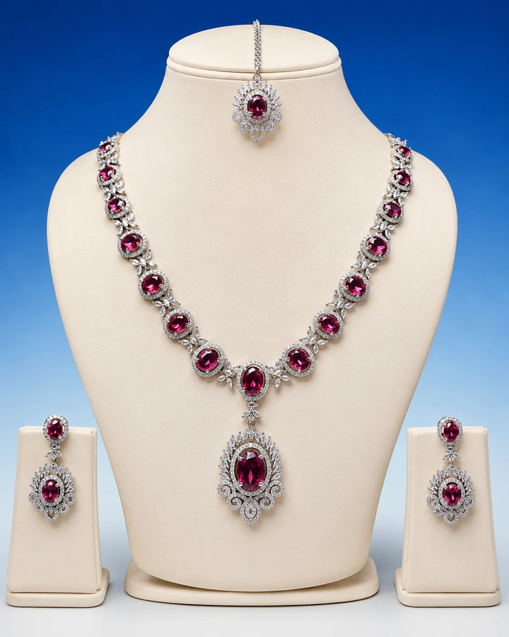 Premium Ruby Red Stone Necklace Set with Maang Tikka
