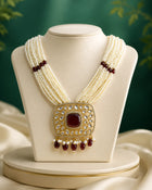 Premium Multi-Layer Pearl Necklace Set with Ruby Stone Pendant