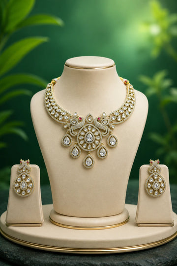 Premium White Stone Peacock Design Necklace Set with Earrings