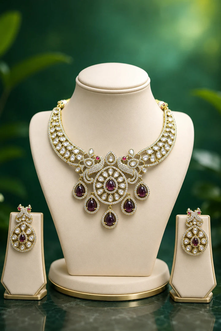 Premium Ruby Stone Peacock Design Necklace Set with Earrings