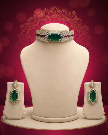Premium Emerald Green Choker Necklace Set with Earrings