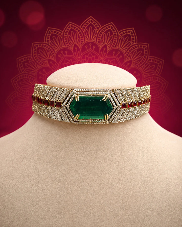Premium Emerald Green Choker Necklace Set with Earrings