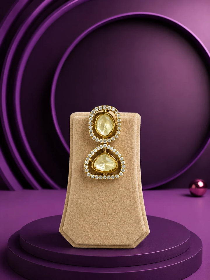 Kundan pendant necklace set with champagne stones, gold-toned chain, crystal detailing, and matching earrings