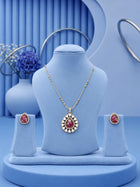 Teardrop Stone Pendant Set with pink center stone and matching gold-toned earrings