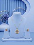Teardrop Stone Pendant Set with multicolor center stone and matching gold-toned earrings
