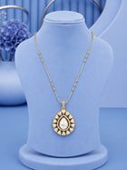 Teardrop Stone Pendant Set with white stone pendant and matching gold-toned earrings
