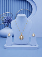 Teardrop Stone Pendant Set with white stone pendant and matching gold-toned earrings
