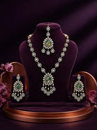 Bridal Kundan Necklace Set with green teardrop center stones, chandelier pendant, matching earrings, and maang tikka