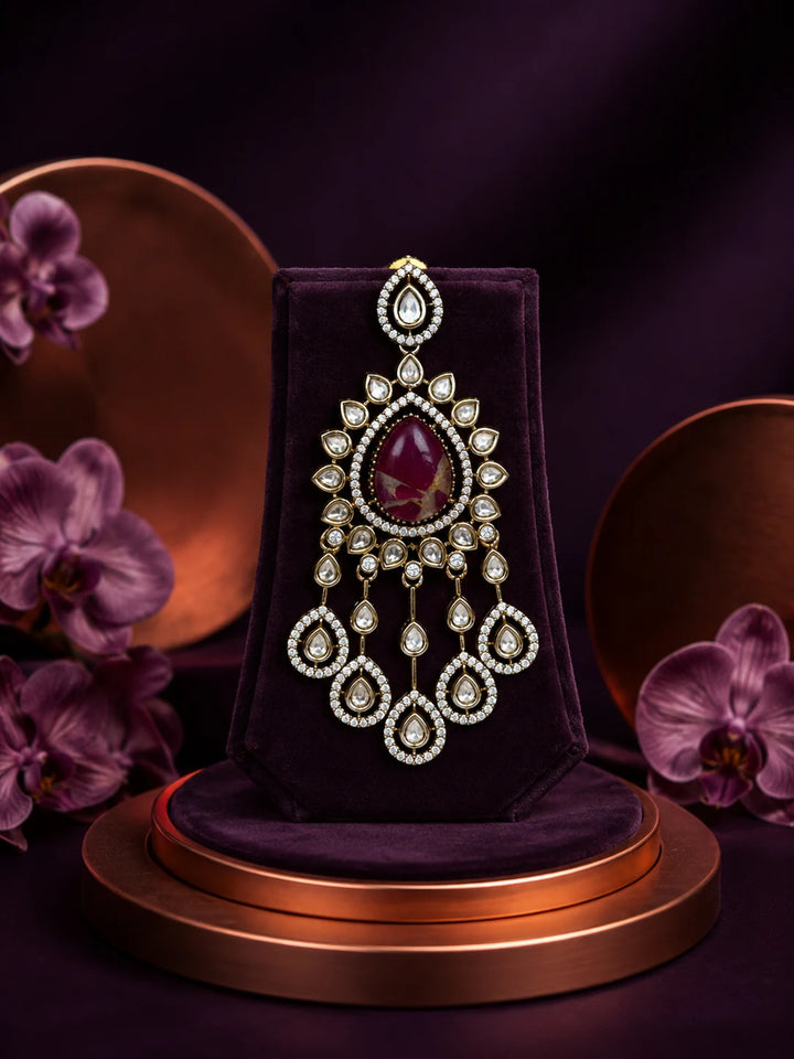 Bridal Kundan Necklace Set with pink teardrop center stones, white kundan-style work, matching earrings, and maang tikka