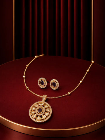 Round Pendant Necklace Set with purple oval center stone, gold-toned pendant, crystal border, and matching stud earrings