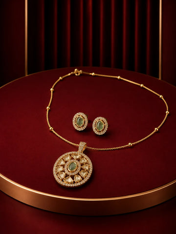 Round Pendant Necklace Set with green oval center stone, kundan-style accents, fine chain, and matching stud earrings