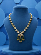 Kundan Drop Necklace Set with green teardrop drops, white kundan-style stones, gold-toned necklace, and matching earrings