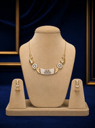 Peacock Choker Necklace Set with gold-toned finish, white crystal work, square accent stones, and matching drop earrings