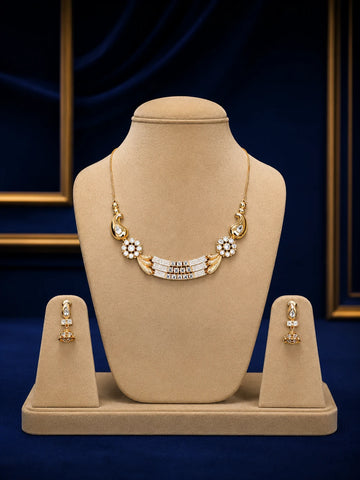 Peacock Choker Necklace Set with gold-toned finish, white crystal work, square accent stones, and matching drop earrings